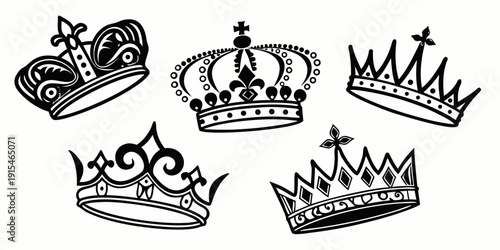 A collection of various crowns and tiaras displayed in a row. Vector