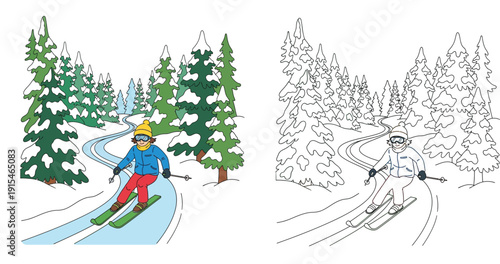 Cartoon skier in snowy forest vector illustration with coloring page outline. Happy child skiing downhill in winter landscape for kids activity book.