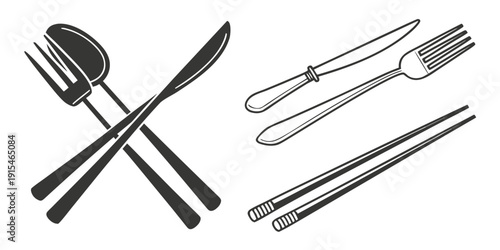 An assortment of cutlery including forks, knives, and spoons arranged neatly. Vector