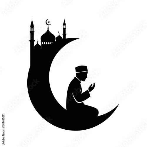 Silhouette of a Muslim man praying on a crescent moon with a mosque in the background, representing Islamic faith and devotion