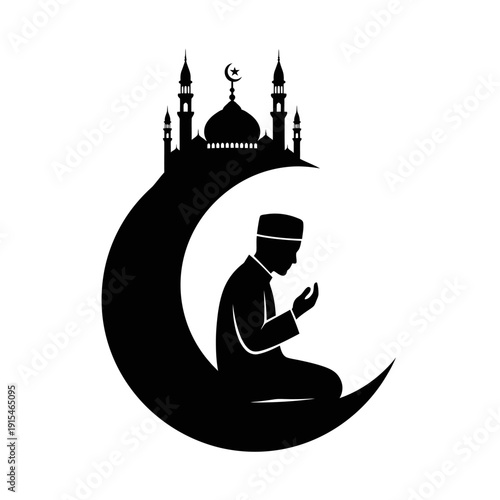 Serene black silhouette concept a Muslim man in prayer on a crescent moon with a mosque backdrop, representing Islamic spiritual devotion and profound faith