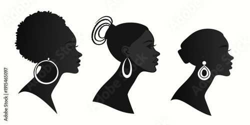 Three stylized silhouettes of women with unique headphones designs Vector