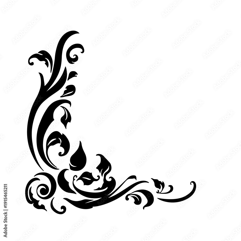 Fototapeta premium Elegant Black Flourish Corner Design with Swirling Leaves and Vines