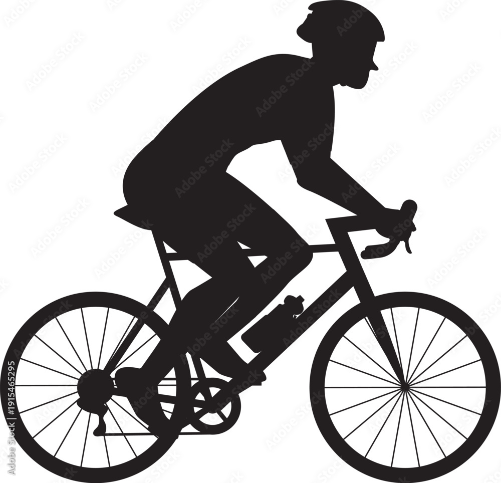 Fototapeta premium Cyclist with helmet and sunglasses riding a bicycle. Black silhouette flat design. Hand drawn vector illustration.