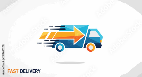 Modern fast delivery truck icon with dynamic arrow and speed lines, symbolizing quick shipping, logistics, and efficient transport services.