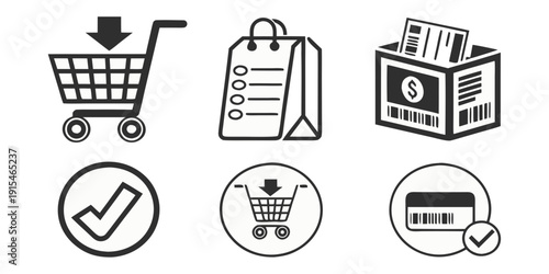 Icons representing various aspects of online shopping and payment methods. Vector