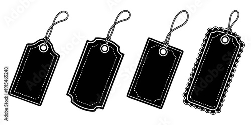 Four black tags with white string attachments hanging from the top Vector