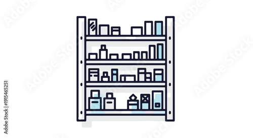 Clean vector graphic of a four-tier supermarket or pharmacy shelf stocked with diverse items, symbolizing stock, supply, and product display, on a white background.