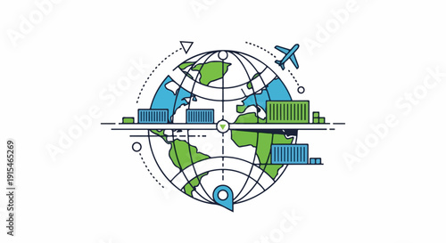 Global logistics network illustration with earth, cargo containers, and airplane, depicting international shipping, worldwide trade, and supply chain management.