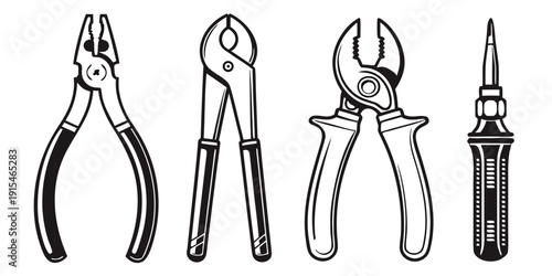 A variety of pliers and wire cutters displayed in a row. Vector