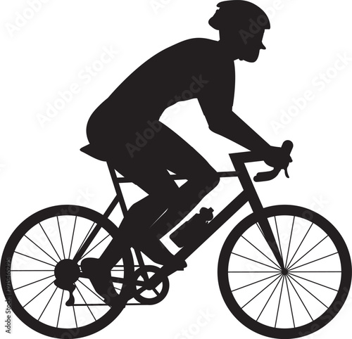 Cyclist with helmet and sunglasses riding a bicycle. Black silhouette flat design. Hand drawn vector illustration.