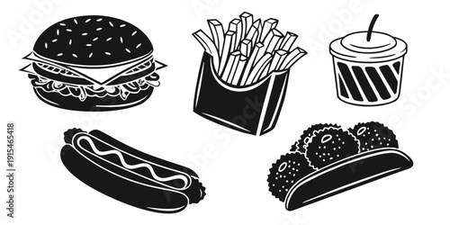 A variety of delicious fast food items including burgers, fries, and ice cream. Vector
