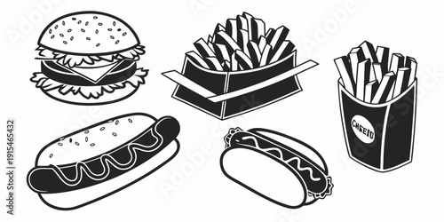 Assorted fast food items including hot dogs, fries, and burgers Vector