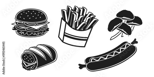 A variety of delicious fast food items including burgers, hot dogs, fries, and more. Vector
