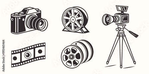 A collection of vintage cameras and film reels showcasing the evolution of photography. Vector
