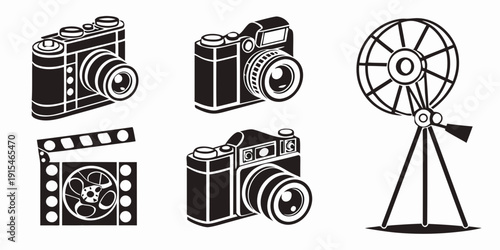 Vintage cameras and film equipment on a white background Vector