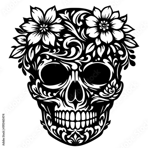 Decorative Sugar Skull With Floral Patterns, Day Of The Dead Inspired Art, Ornamental Calavera Design, Bold Black And White Silhouette Illustration