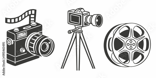 Vintage film camera and tripod with a film reel in the background Vector