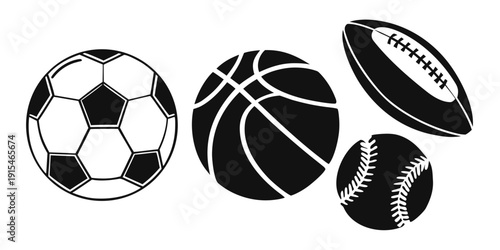 A variety of sports balls including a soccer ball, basketball, and american football Vector