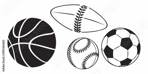 A collection of various sports balls including basketball, american football, tennis ball, and soccer ball Vector