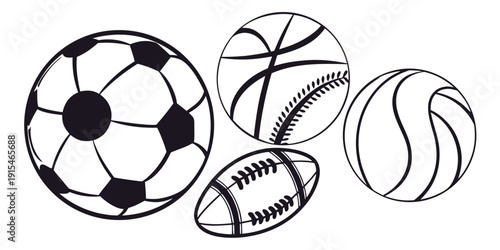 A collection of various sports balls including a soccer ball, basketball, volleyball, and football. Vector