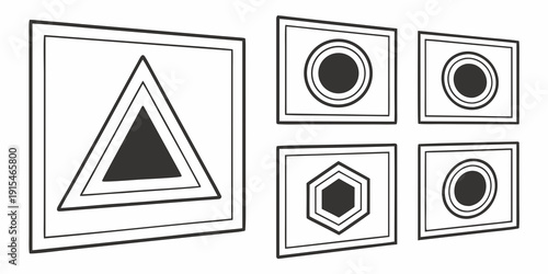 Geometric shapes arranged in a grid pattern with a central triangle and surrounding circles Vector