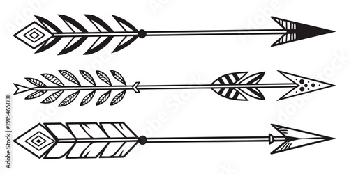 A collection of three distinct arrow designs with varying feather patterns and tips Vector