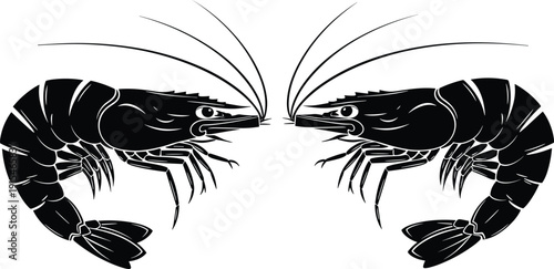 Black vector silhouette of two large prawns or shrimp facing each other for seafood restaurant menu culinary ocean life and fishing industry branding design
