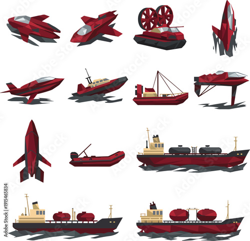 Vector Set of Red and Black Water and Air Vehicles