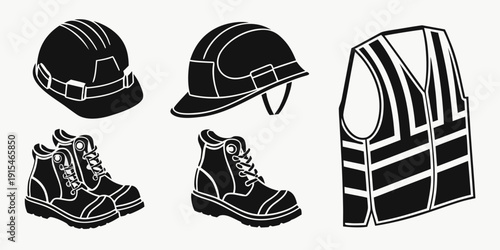 Assorted construction safety gear including helmets, boots, and protective clothing Vector