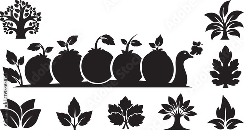 Black Silhouettes of Fruits and Leaves on White