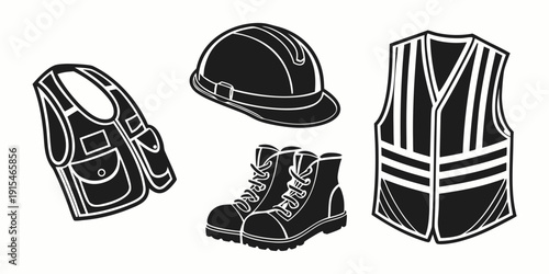 Assorted safety equipment including a backpack, helmet, boots, and chair Vector