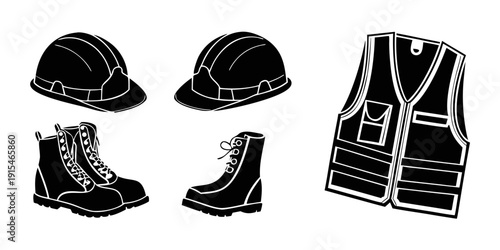 Assorted safety equipment including helmets, boots, and a vest Vector
