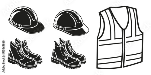 Essential safety equipment for construction workers including helmets and boots Vector