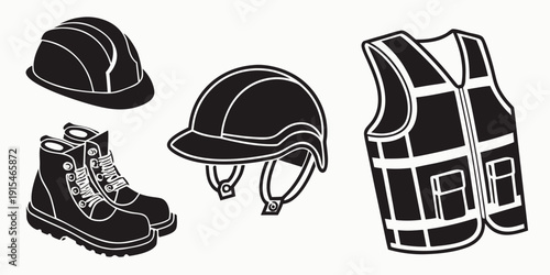 Assorted protective headgear and footwear for various activities and professions Vector