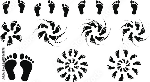 Footprint silhouette icon set, walking trail vector illustration, shoe print design for pattern, motion art, geometric path graphic collection