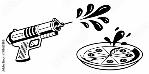 A whimsical illustration of a water gun spraying water onto a pizza. Vector