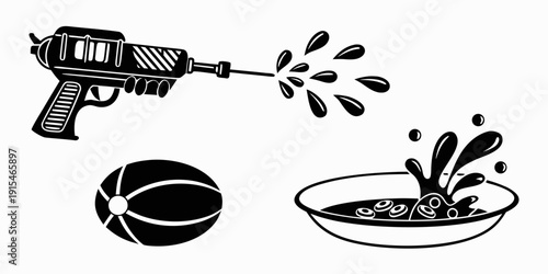 A black and white illustration of a gun shooting at a watermelon slice in a bowl. Vector