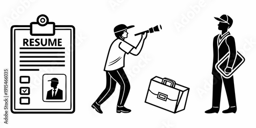 A person holding a telescope next to a suitcase and a resume. Vector
