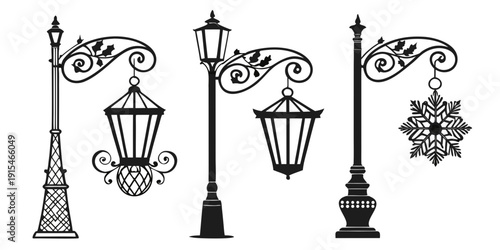 A collection of vintage street lamps and ornate decorations in black and white Vector