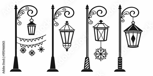 Vintage street lamps with intricate designs and hanging lanterns Vector