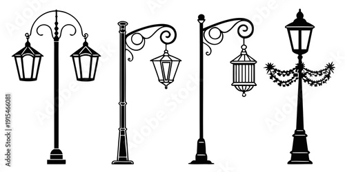 Four vintage style street lamps with intricate designs and hanging lanterns. Vector
