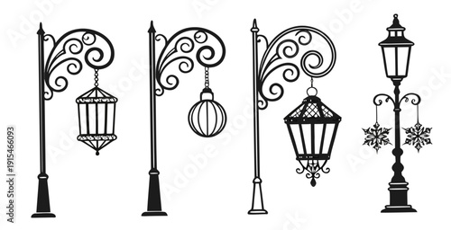 Four vintage street lamps with intricate designs and patterns Vector