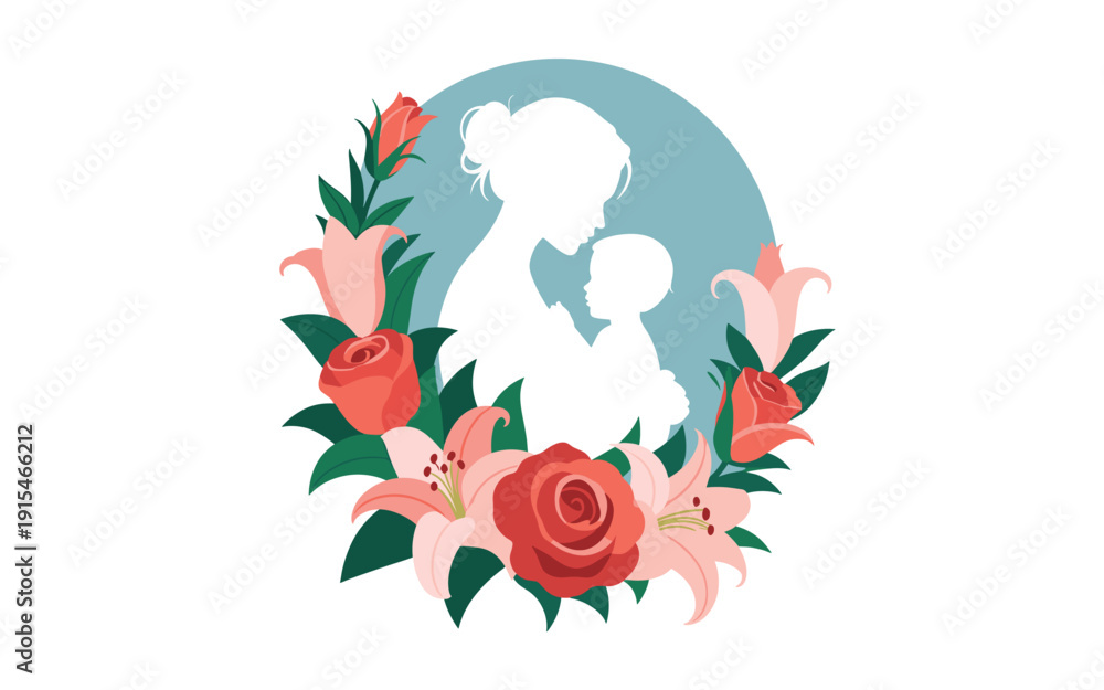 Obraz premium A minimalist vector illustration of a mother and child surrounded by flowers and leaves in a circular design