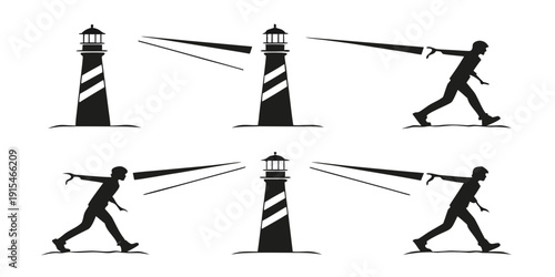 Illustration of a man with a rope tied to a lighthouse Vector