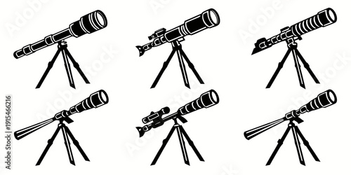 Five vintage telescopes on tripods arranged in a row, pointing in different directions. Vector