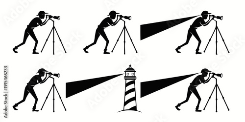 Illustration of a person observing objects through a telescope. Vector