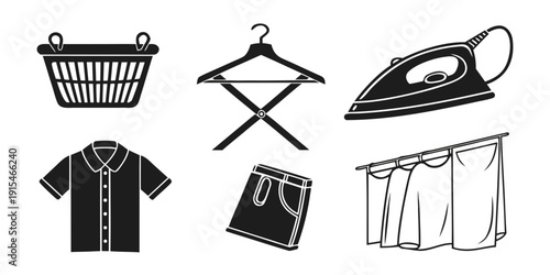 A variety of clothing items and tools for ironing and hanging garments Vector