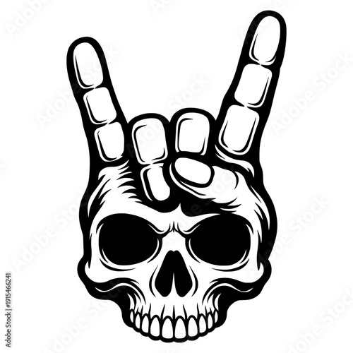 Rock Hand Sign Skull With Horn Gesture, Heavy Metal Symbol, Edgy Rebel Style, Music Culture Icon, Bold Black And White Silhouette Graphic