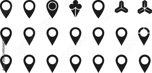 Location pin icon set, map marker vector illustration, GPS navigation design for UI, geolocation symbol art, travel direction graphic collection